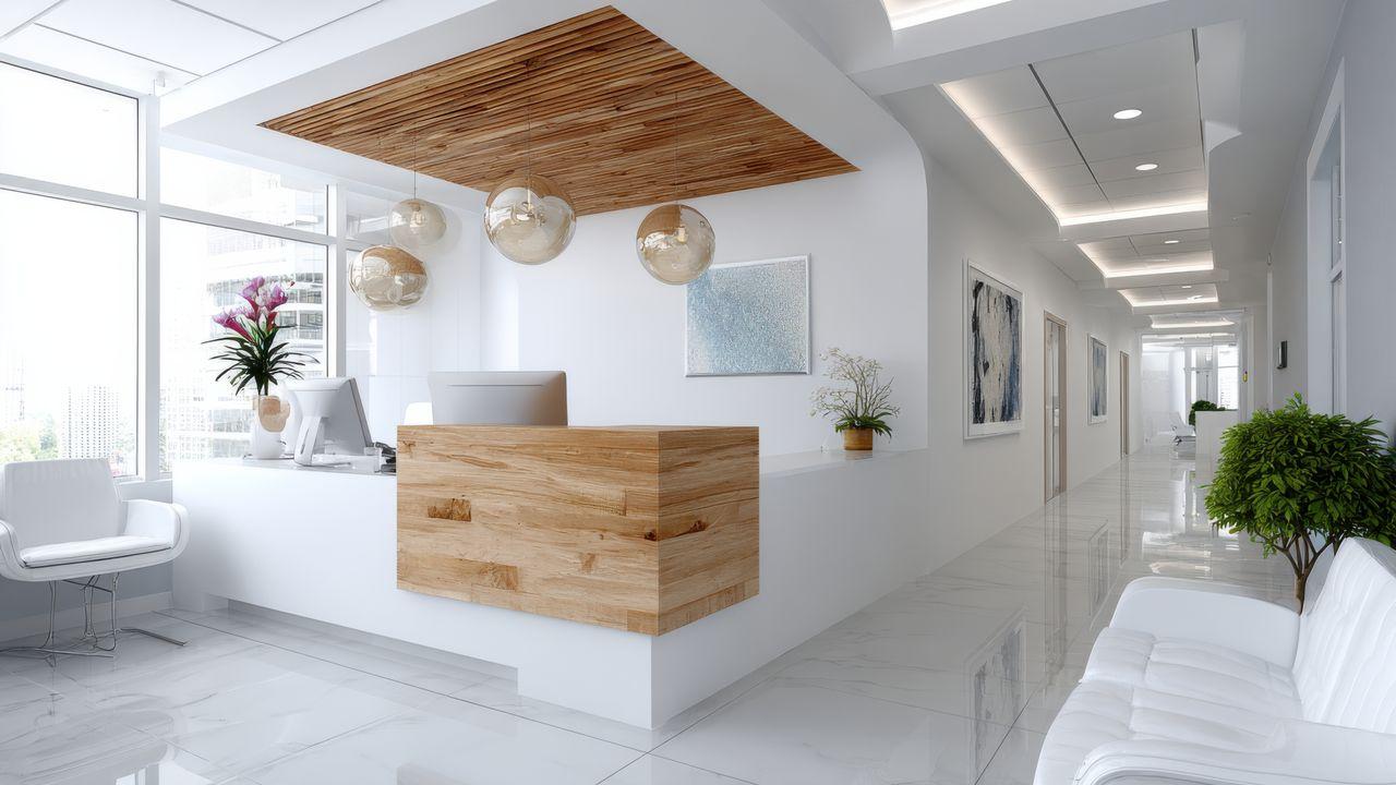 Arztempfang in Weiß und Holzoptik