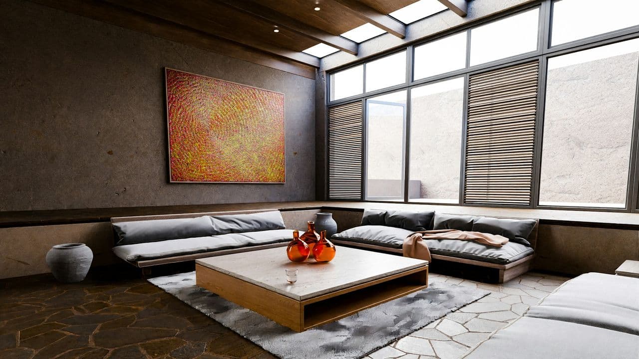 Schwarze Fensterrahmen in offenem Wohnzimmer